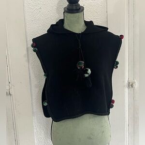 Black Hooded Poncho with Pom Poms